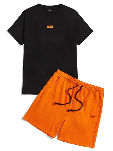 

men letter patched tee & track shorts e2w4#, Gray