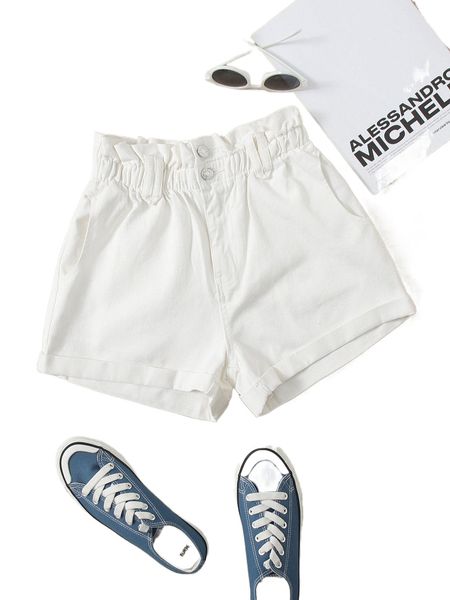 

paper bag waist roll up hem denim shorts q6ht#, White;black