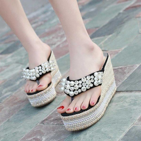 

sandals doratasia sweet high wedges flip flop brand fashion beading slippers platform slippers women summer holiday casual shoes woman u8lm#, Black