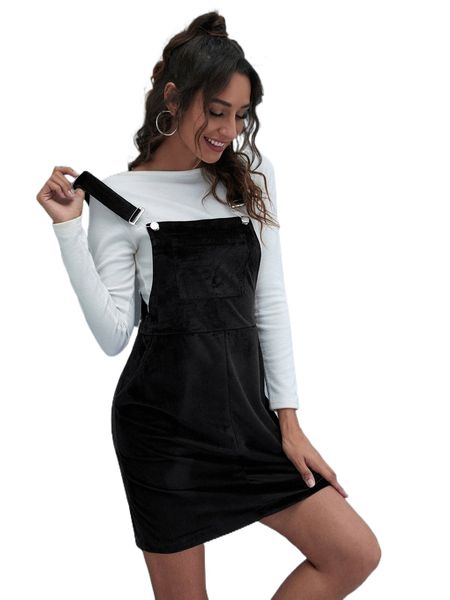

corduroy kangaroo pocket mini overall dress f9zv#, Black;gray