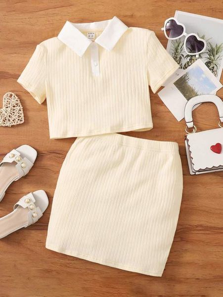 

girls contrast collar rib-knit polo shirt and skirt set she, White