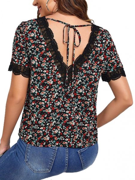 

ditsy floral contrast lace tie back blouse 66vp#, White