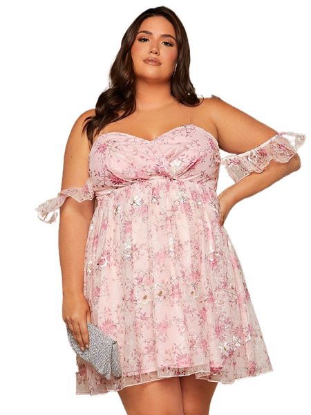 

plus off shoulder floral embroidery mesh dress w6n5#, Black