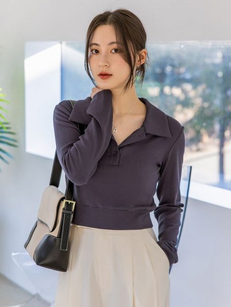 

dazy-less polo neck rib knit crop tee q2bt#, White