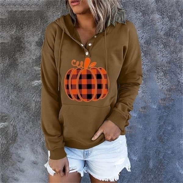 

women hooded halloween pocket drawstring long sleeves button printing sweatshirt ladies hoodies pullover 220811, Black