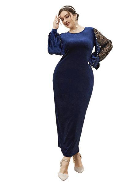 

plus contrast lace pearl beaded lantern sleeve velvet dress 14mk#, Black