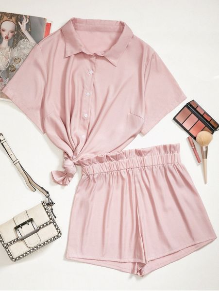 

plus solid button up blouse & paperbag shorts x26z#, Black
