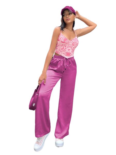

drawstring waist slant pocket satin pants h30l#, Black;white