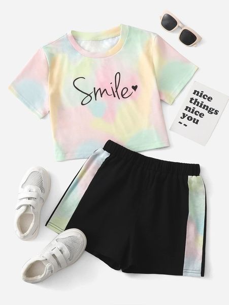 

sheen girls tie dyed and lettered t-shirt and shorts set she, White