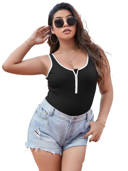 

plus contrast binding half zip bodysuit y5fn#, Black