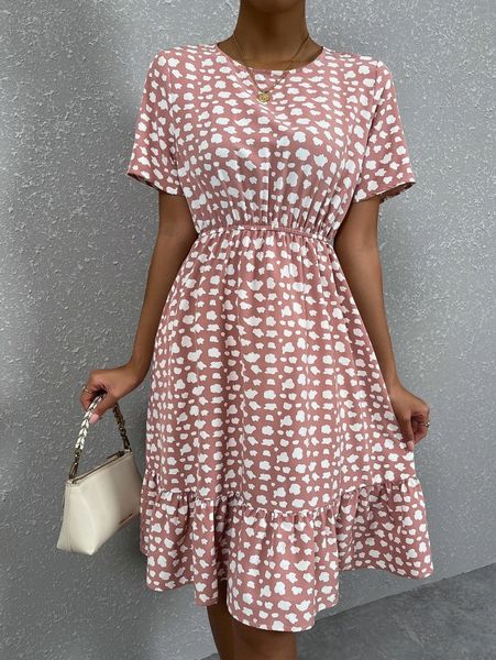 

allover print ruffle hem dress 89cf#, Black;gray