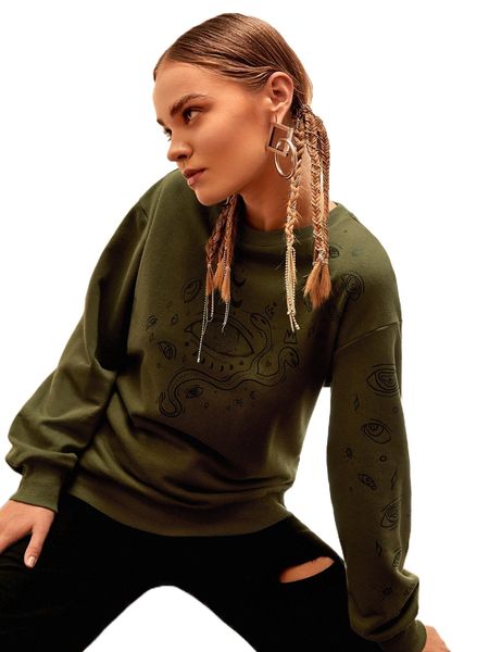 

x irine eye and snake print drop shoulder pullover s07h#, Black