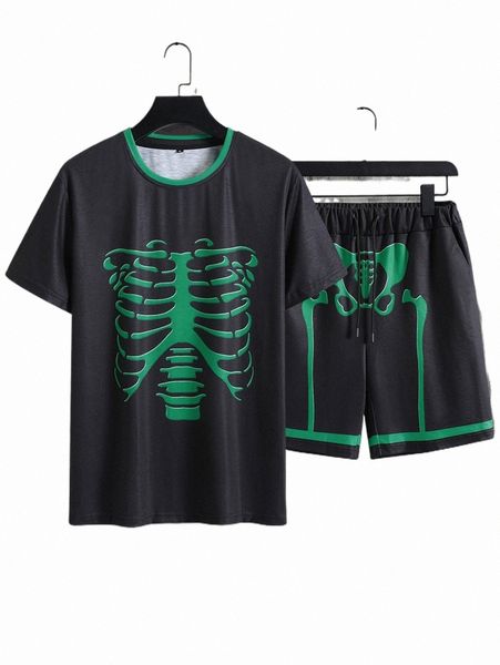 

men skeleton print contrast trim tee & drawstring waist shorts y2f4#, Gray