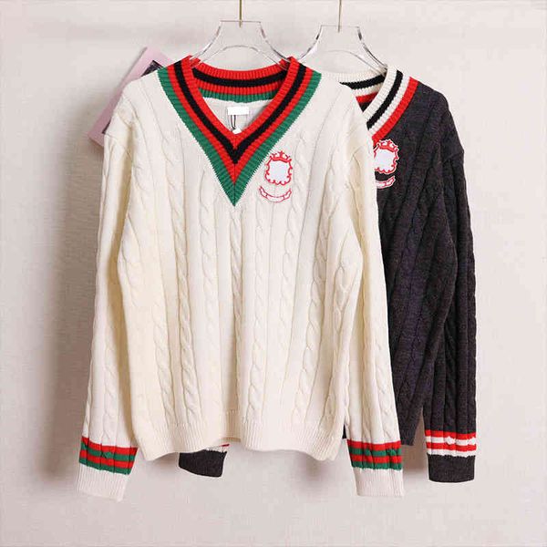 

women's knits tees autumn and winter style college jacket, v collar, coloured twist knitted long sleeves, loose sleeve, sweaty sweater., White