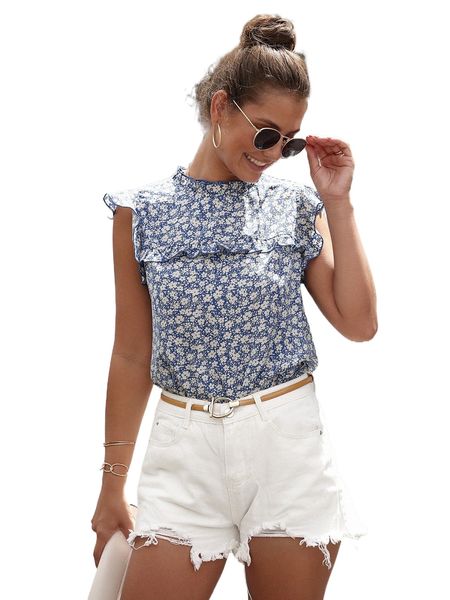 

ditsy floral ruffle trim blouse q9cz#, White