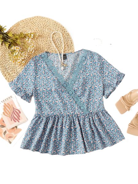 

ditsy floral lace trim peplum blouse q4kl#, White