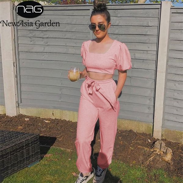

asia summer womens loungewear set vintage square collar short puff sleeve crop long pant two piece set pink jogging suit 210302, White