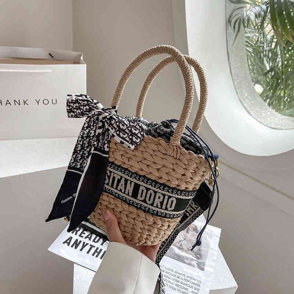 

fashion bag home woven bucket 2022 summer new silk scarf beach women's