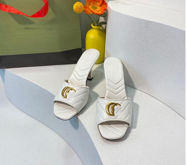 

2022 fashion designer women beach half slippers leather thick heels metal slides cowhide summer woman shoes lazy sandals high heel, Black