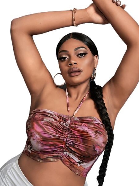 

sxy plus tie dye ruched tie back halter c998#, Black