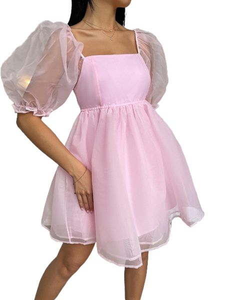 

p.uff s.leeve overlay hem o.rganza d.ress k8ik#, Black;gray