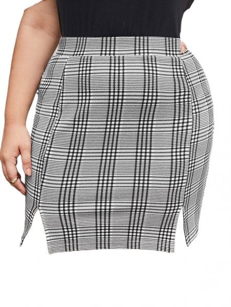 

plus split hem plaid skirt 03im#, Black