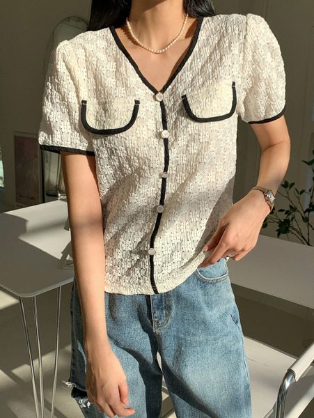 

dazy contrast binding button detail blouse 87ks#, White