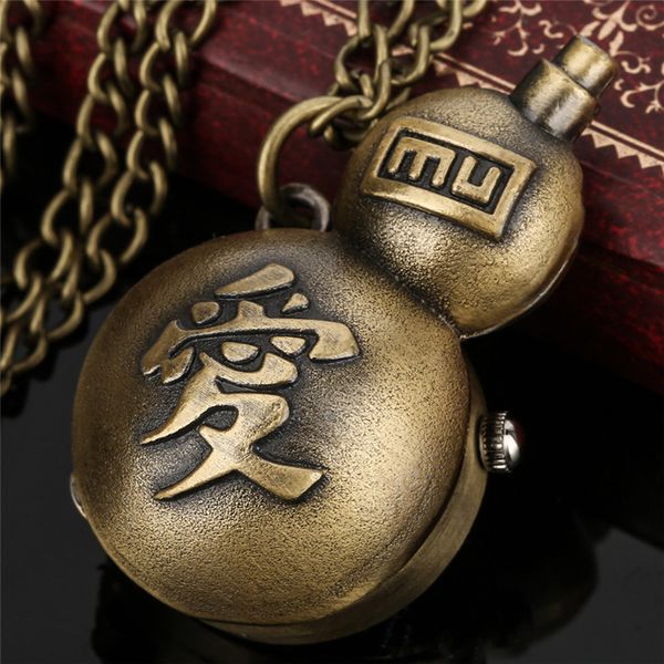

vintage watches gourd shape with love words quartz pocket watch arabic numeral sweater chain clock, Slivery;golden