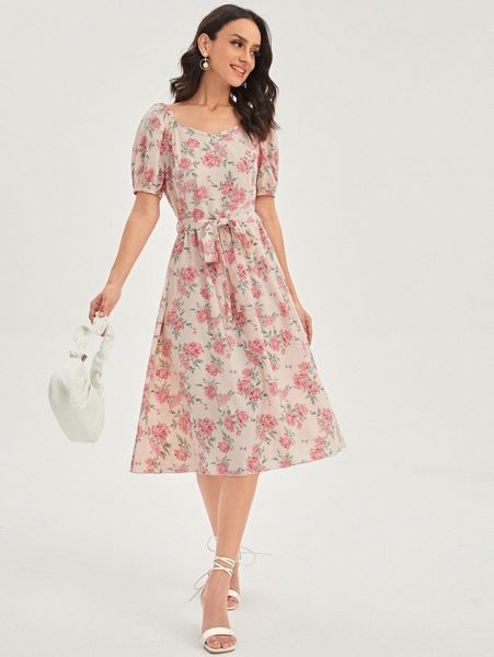 

allover floral print puff sleeve belted dress y8jd#, Black;gray