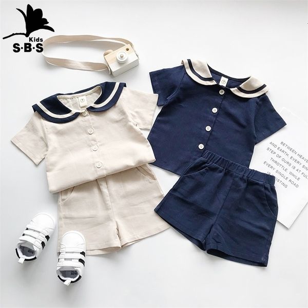 

japanese and korean bear mood navy style kids sailor collar cotton linen t shirt pants 2pcs summer clothes set boys girls suit 220616, White