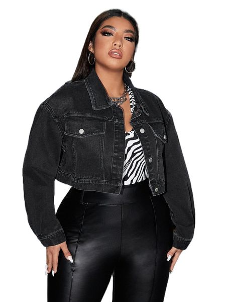 

plus drop shoulder flap pocket denim jacket 27a7#, Black;brown