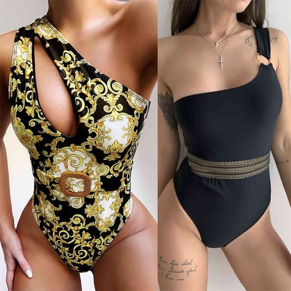 

high waist women swimsuit swimwear female one shoulder thong brazilian monokini bathing suit women 210407, White;black