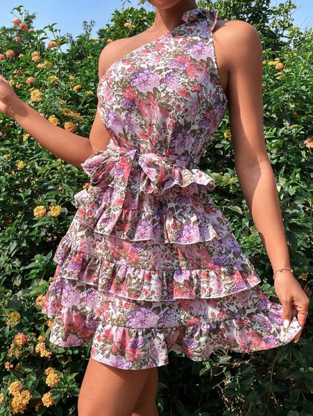 

random floral print one shoulder layered hem belted dress i49z#, Black;gray