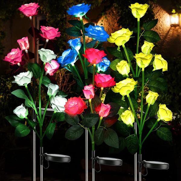 Flores decorativas grinaldas LED LUZES DE ROSA ARTIFICIAL FLOR FALK FALK com solar à prova d'água ao ar livre para decoração de estaca de jardim