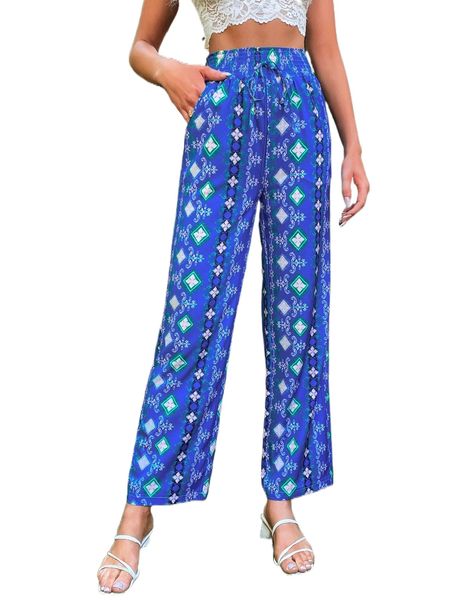 

geo & graphic print tie waist pants h2cw#, Black;white