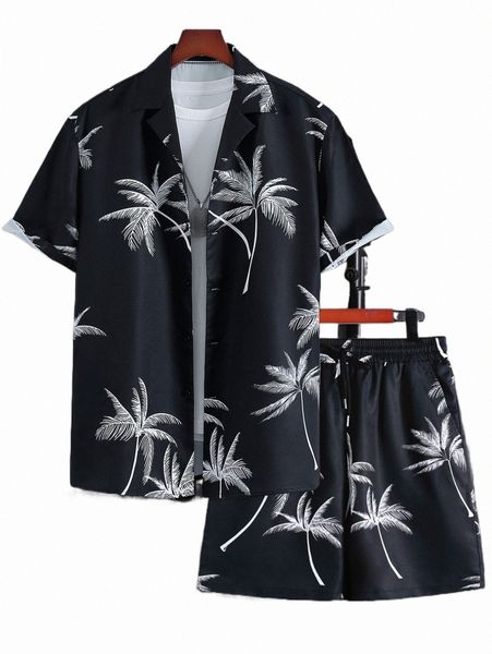 

men random palm tree print shirt & drawstring waist shorts without tee 72ha#, Gray