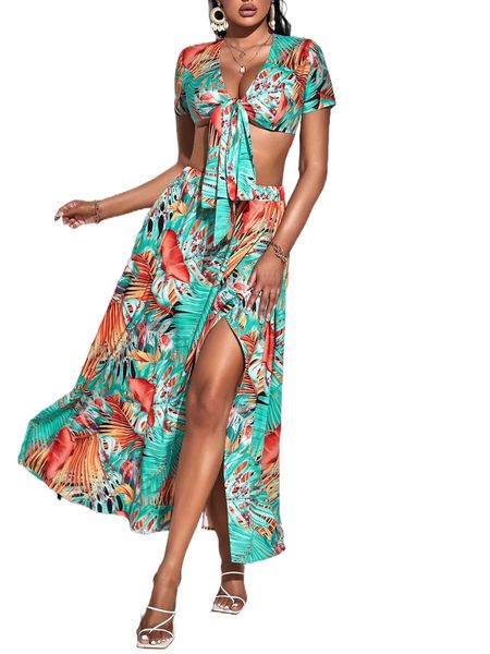 

sxy tropical print knot front crop & wrap skirt t6le#, White