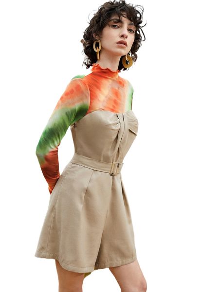 

ruched front buckle belted tube romper without tie dye l1ux#, Black;white