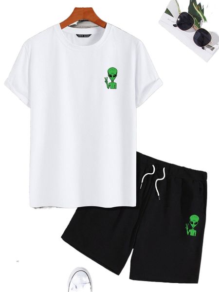 

men alien print tee & drawstring shorts b9ur#, Gray
