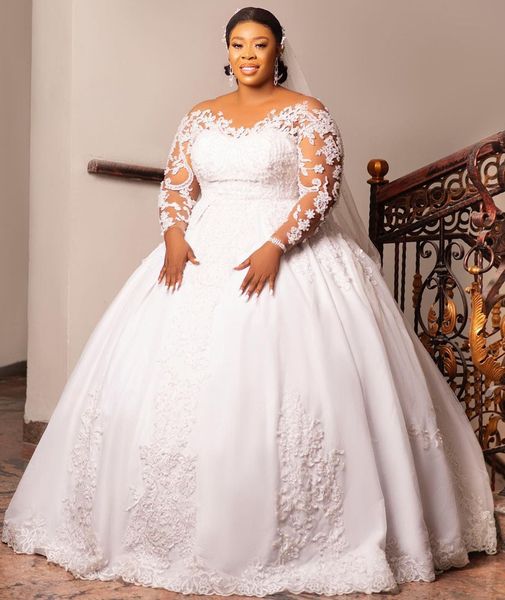 2022 Plus Size Arabisch Aso Ebi Luxuriöse Spitze Perlen Brautkleid Sheer Neck Ballkleid Brautkleider Kleider ZJ464