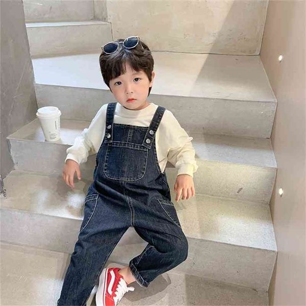 Autumn Boys Casual Solid Color Denim Macaconos 1-6 anos Crianças Algodão Soft All-Match Bib Pants 210708