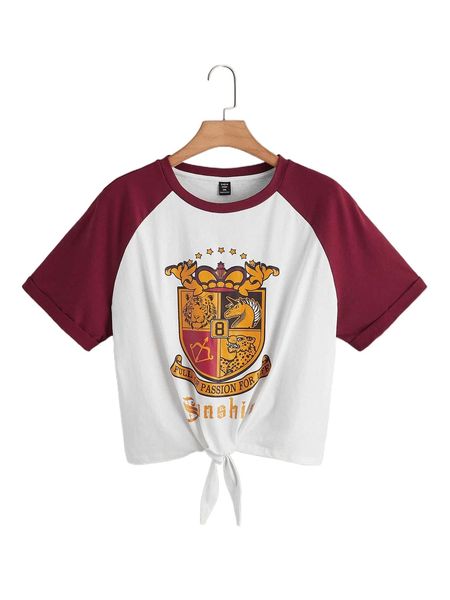 

plus tiger & slogan graphic contrast raglan sleeve knot hem tee i0ai#, Black