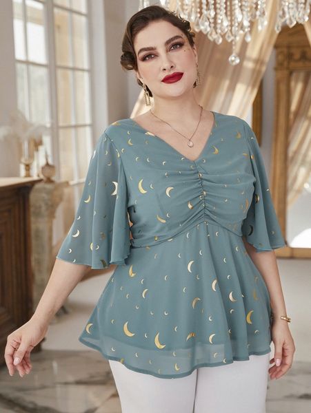 

plus moon print ruched bust butterfly sleeve peplum blouse q0in#, Black