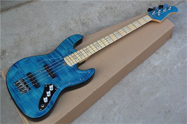 

blue electric bass guitar with transparent pickguard,4 strings,flame maple veneer,chrome hardwares,offering customized services