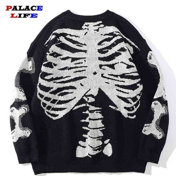 

oversized sweater men black loose skeleton bone print women vintage retro knitted sweater 2021 autumn cotton pullover t220730, White;black