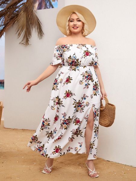 

plus floral print knotted off shoulder split thigh dress q5lv#, Black