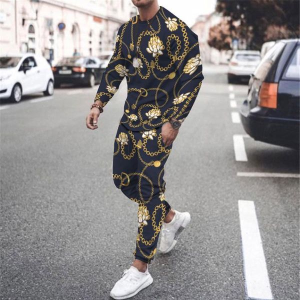 

men's tracksuits men's tracksuits spring men long sleeve t-shirt set luxury iron chain 3d printed street cool o-neck direct sale o, Gray
