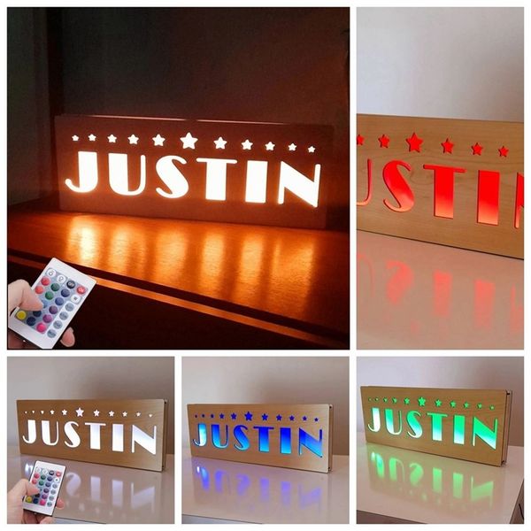 Personalisierte ferngesteuerte Lichter, USB-LED-Nachtlicht, individuelle Namens-Holzlampe für Kinder, Babyzimmer, Kinderzimmer, Wanddekoration 220623