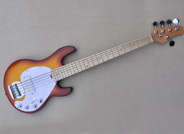 

5 strings light brown electric bass guitar with maple fretboard