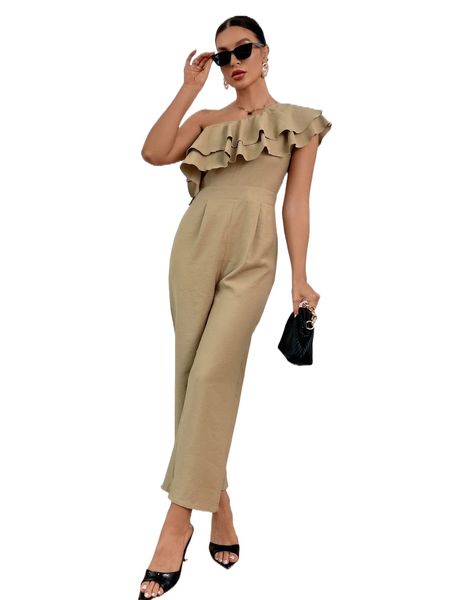 

one shoulder ruffle trim plicated detail jumpsuit o5gw#, Black;white